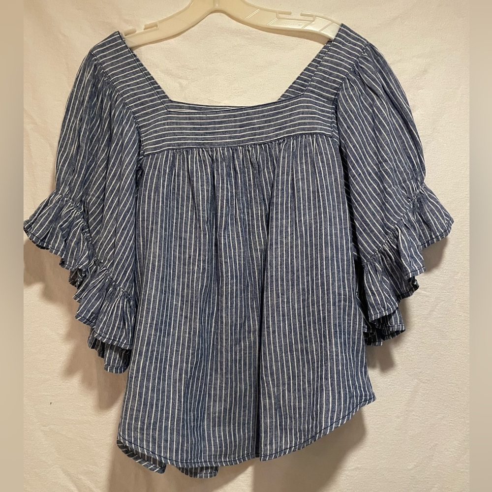 beachlunchlounge Blue & White Striped Square-Neck Ruffle Sleeve Top